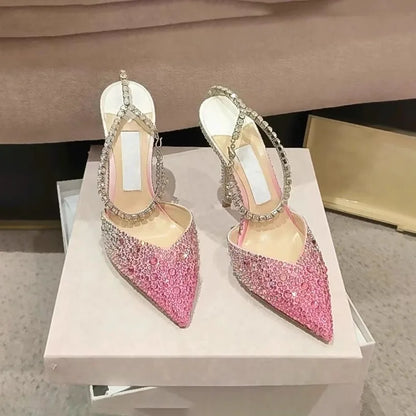 2025 New Arrival Women’s Gradient Pink  High Heels  Strappy Crystal Sandals with Stiletto Heels,Summer Fashion Footwear