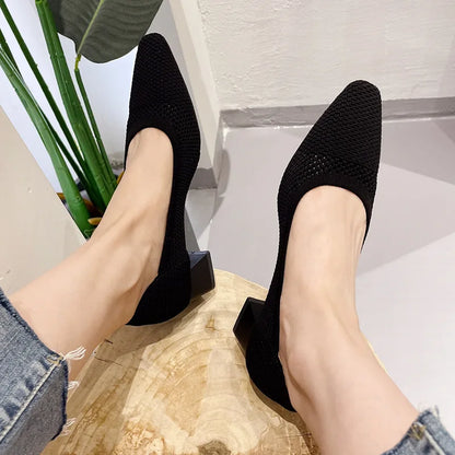 Myway 2025 Women’s Hollow Knitted Chunky Heels Breathable Mesh Princess Shoes Trendy Mid-Heel for Ladies