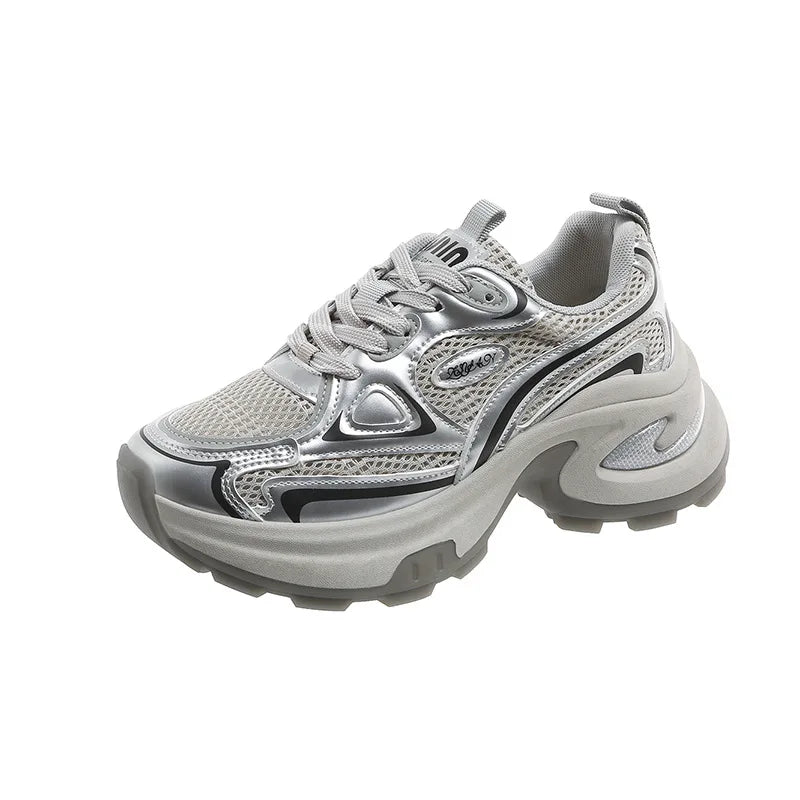 2025 New Spring Autumn Women’s Clunky Sneakers Thick Sole Silver Breathable Mesh Lightweight Casual Versatile Sports Shoes