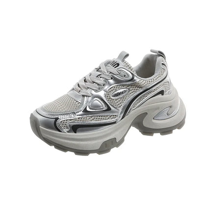 2025 New Spring Autumn Women’s Clunky Sneakers Thick Sole Silver Breathable Mesh Lightweight Casual Versatile Sports Shoes