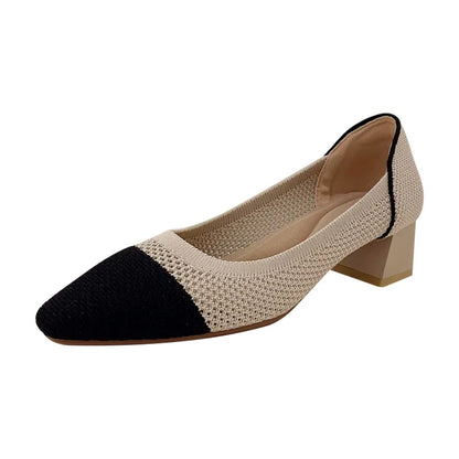 Myway 2025 Women’s Hollow Knitted Chunky Heels Breathable Mesh Princess Shoes Trendy Mid-Heel for Ladies