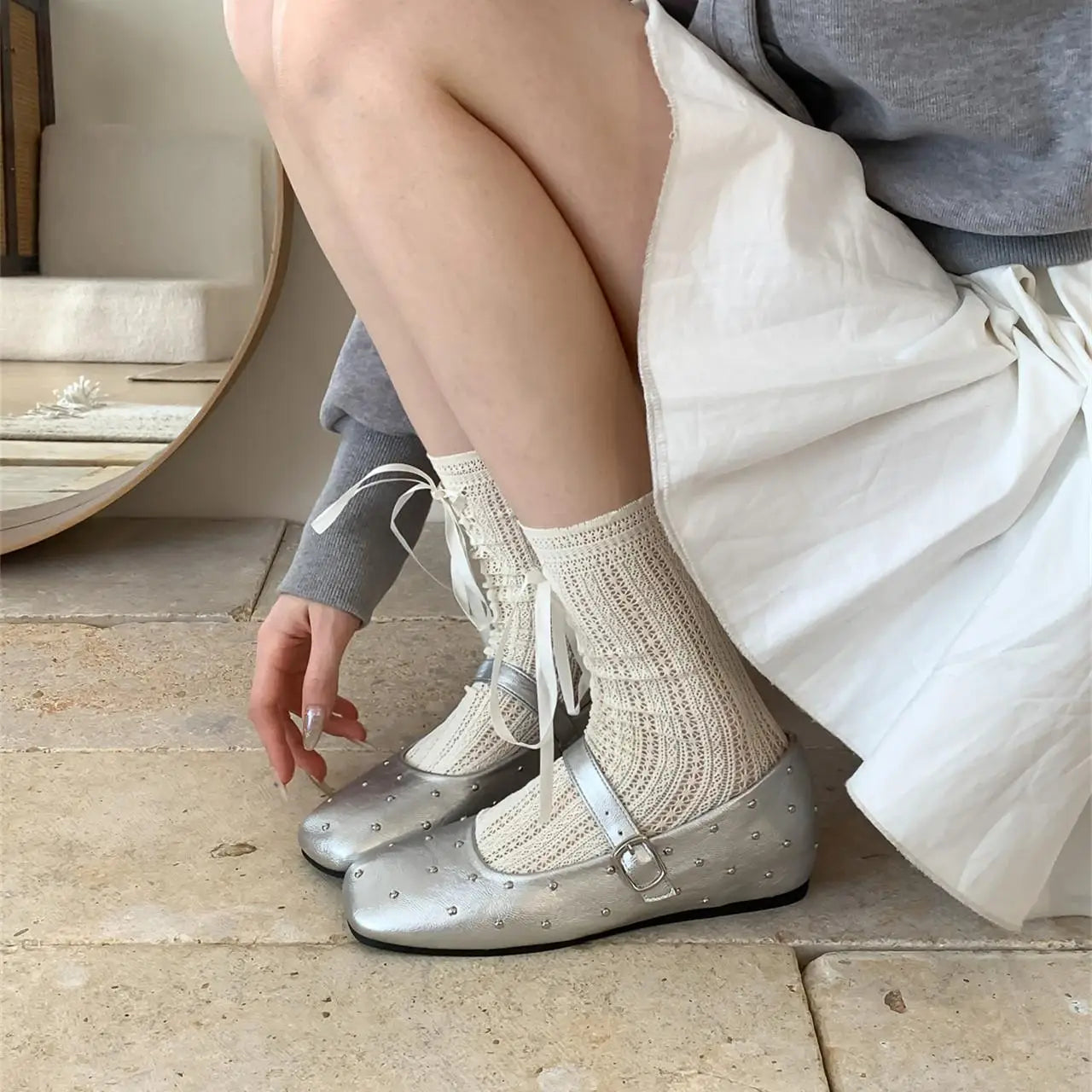 Retro Stardust Studded Ballerina Flats for Women – Spring Autumn One-Strap Mary Jane Shoes – High Quality Affordable