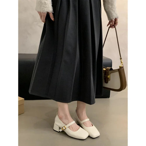 French Retro Square Toe Mid-Heel Chunky Mary Jane Shoes for Women – Spring/Fall Fashionable Leather Flats with Great Quality