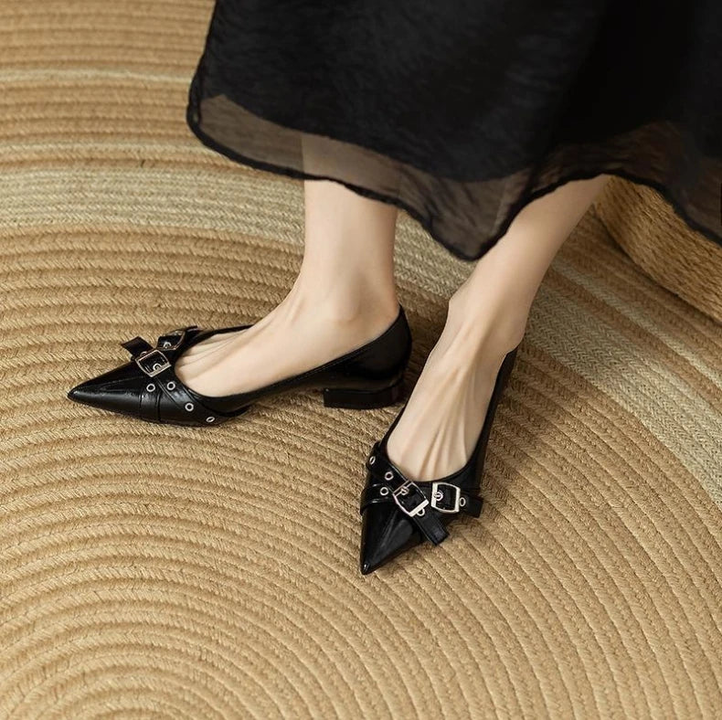 2025 Spring/Summer New Fashion Versatile Women’s Pointed Toe Flat Shoes with Belt Buckle – High-Quality Retro Style