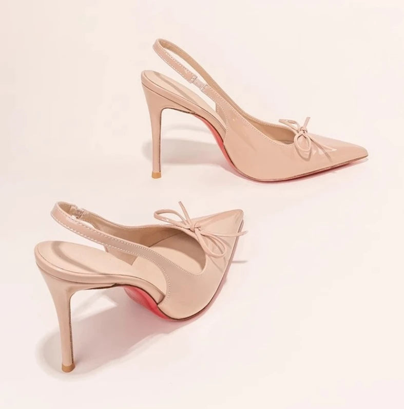 2025 Spring Summer Womens Bow Knot Open Back High Heel Sandals – Affordable Red Sole Pointed Toe Stiletto Shoes