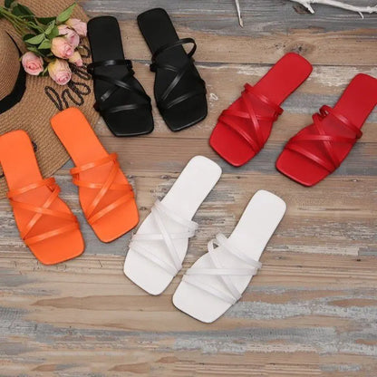 2025 New Women’s Flat Slippers Multi Color Strap Flat Toe Post Large Size Direct Sales Casual Sandals Beach Shoes