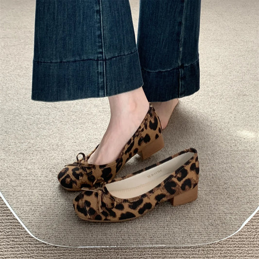 2025 Spring Autumn New Women’s Chunky Heel Flats – Blue French Style with Bowknot – High Quality Affordable