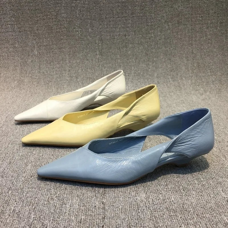 2025 Spring Autumn New Stylish Hollow-Out Oil-Wax Leather Cat Heel Shoes for Women – Comfortable Pointed Toe Low-Heeled Flats
