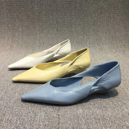 2025 Spring Autumn New Stylish Hollow-Out Oil-Wax Leather Cat Heel Shoes for Women – Comfortable Pointed Toe Low-Heeled Flats
