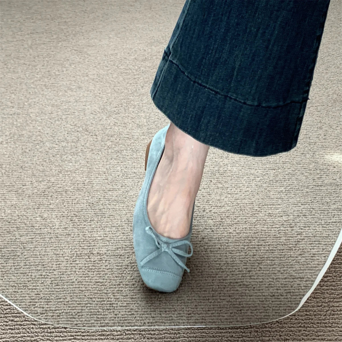 2025 Spring Autumn New Women’s Chunky Heel Flats – Blue French Style with Bowknot – High Quality Affordable
