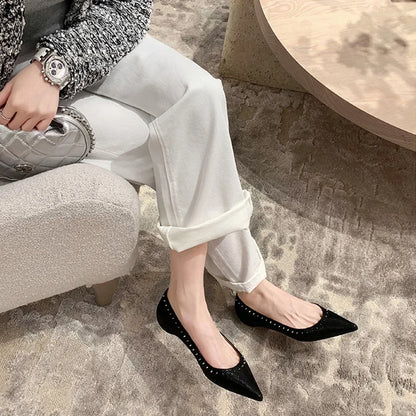 Summer New Women’s Pointed Toe Solid Color Flat Shoes with Small Rivet Buckle – Affordable High-Quality Elegant Design