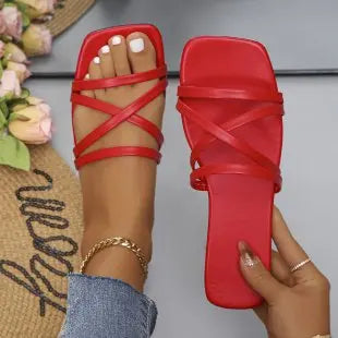 2025 New Women’s Flat Slippers Multi Color Strap Flat Toe Post Large Size Direct Sales Casual Sandals Beach Shoes
