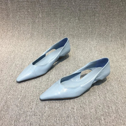 2025 Spring Autumn New Stylish Hollow-Out Oil-Wax Leather Cat Heel Shoes for Women – Comfortable Pointed Toe Low-Heeled Flats