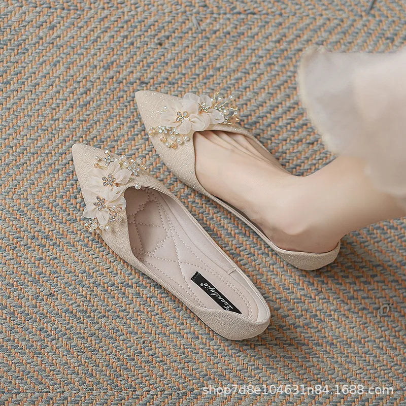 2025 New Women’s Low Heel Flat Shoes – Elegant Pearl and Rhinestone Slip-On Loafers for Autumn, High Quality, Affordable Fashion