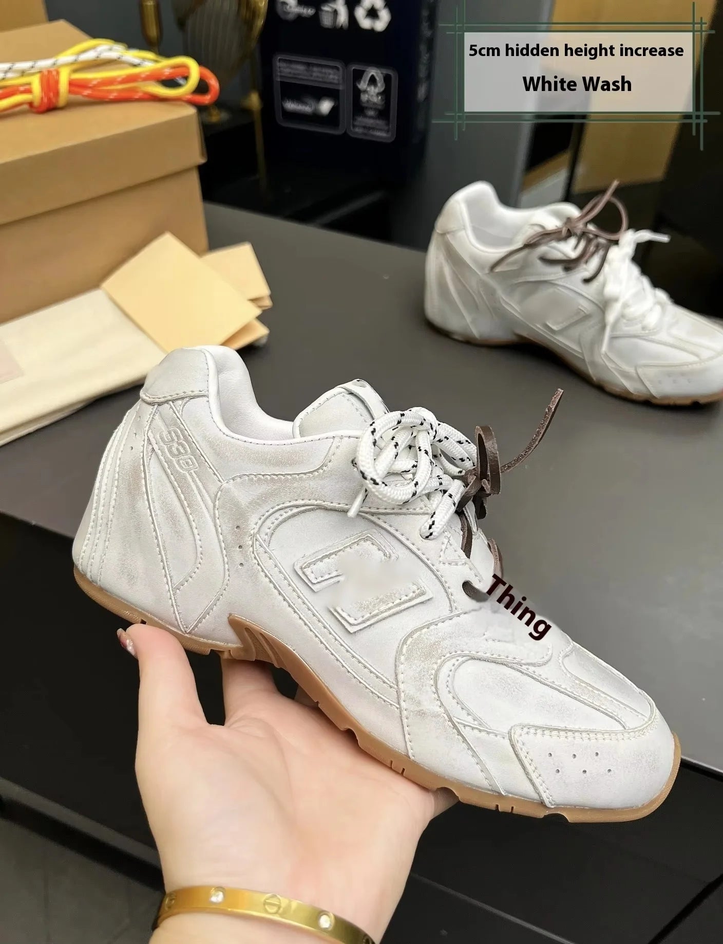 Women’s Running Shoes Lace-Up Comfortable Forrest Gump Style 5cm Height Increase Two-Color Toes Genuine Leather Lining