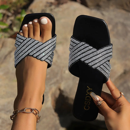 Low Price Women Flat Slippers Summer One Strap Flat Sandals for Lady Open Toe Large Size House Casual Slippers