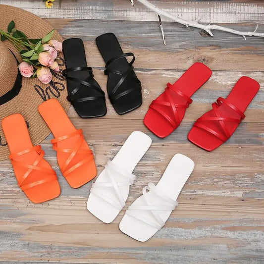 2025 New Women’s Flat Slippers Multi Color Strap Flat Toe Post Large Size Direct Sales Casual Sandals Beach Shoes