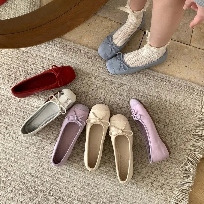 French Bow Womens Low-Cut Ballet Flats – Soft Sole Spring/Autumn Pink Shoes, Affordable Quality Single Shoes for Elegant Style
