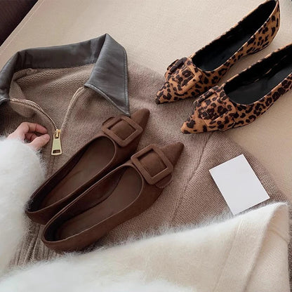 Spring New Women’s Suede Pointed Toe Flats with Leopard Print – Stylish and Versatile Slip-On Shoes, High Quality and Affordable