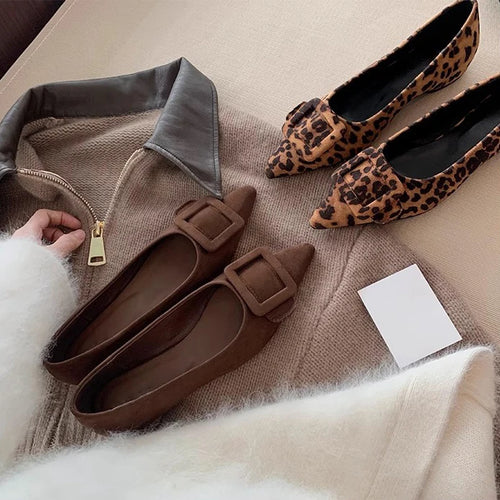 Spring New Women’s Suede Pointed Toe Flats with Leopard Print – Stylish and Versatile Slip-On Shoes, High Quality and Affordable