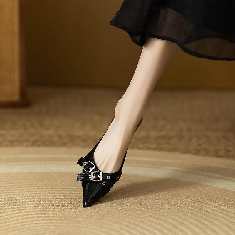 2025 Spring/Summer New Fashion Versatile Women’s Pointed Toe Flat Shoes with Belt Buckle – High-Quality Retro Style