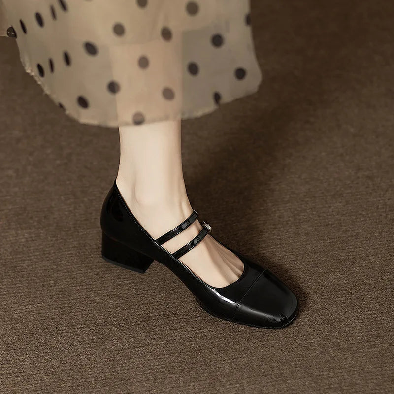Retro Silver Mary Jane Shoes for Women – Stylish Spring Autumn Mid Heels with One-Buckle Design