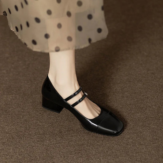 Retro Silver Mary Jane Shoes for Women – Stylish Spring Autumn Mid Heels with One-Buckle Design