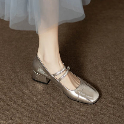 Retro Silver Mary Jane Shoes for Women – Stylish Spring Autumn Mid Heels with One-Buckle Design