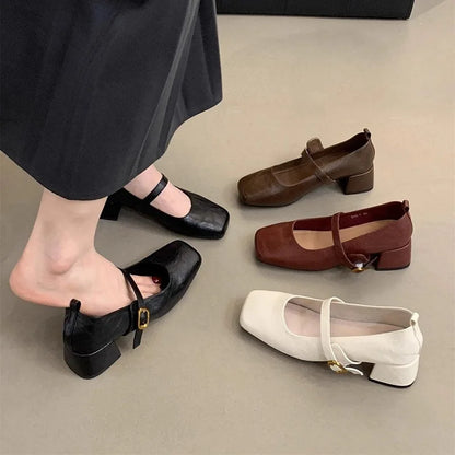 French Retro Square Toe Mid-Heel Chunky Mary Jane Shoes for Women – Spring/Fall Fashionable Leather Flats with Great Quality