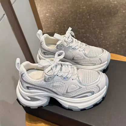 2025 New Spring Autumn Women’s Clunky Sneakers Thick Sole Silver Breathable Mesh Lightweight Casual Versatile Sports Shoes
