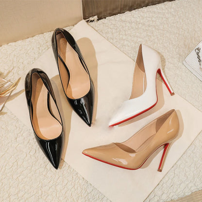 2025 Trendy Red Bottom Sexy High Heels for Women – Pointed Toe Stiletto in Nude Patent Leather – High-Quality Elegant Stilettos