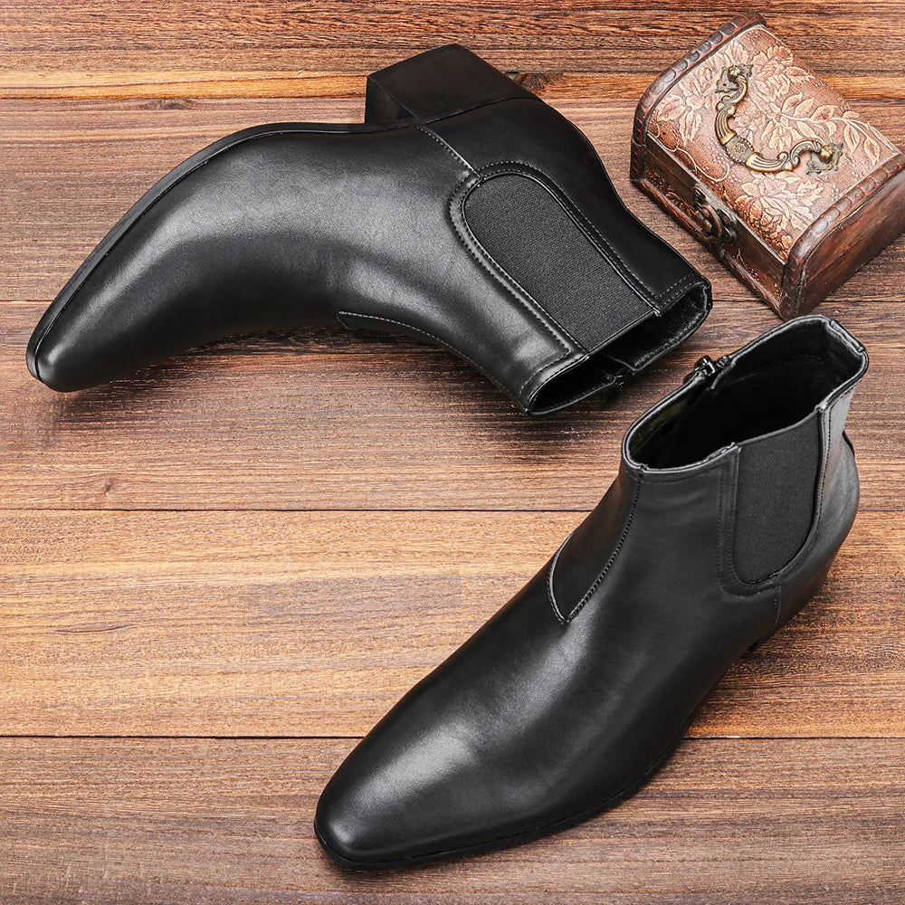 Men’s Chelsea Boots Height Increasing High Heel Leather Ankle Boots Stylish Black Premium Quality Boots for Formal Occasion