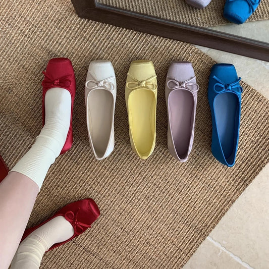 2025 New Women’s Ballet Flats – Satin Bow Tie Square Toe Shoes | High-Quality, Affordable Fairy Style Ballet Slippers
