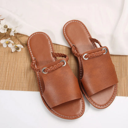 Myway 2025 New Womens Casual Beach Slippers Summer Pure Color Woven Beach Sandals Lightweight Slip on Shoes