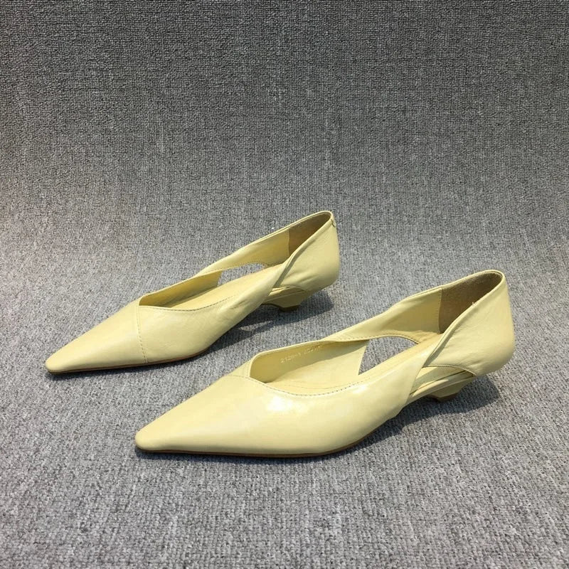 2025 Spring Autumn New Stylish Hollow-Out Oil-Wax Leather Cat Heel Shoes for Women – Comfortable Pointed Toe Low-Heeled Flats