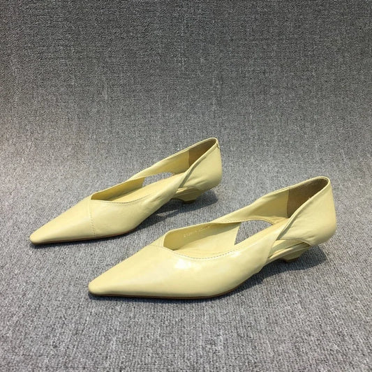2025 Spring Autumn New Stylish Hollow-Out Oil-Wax Leather Cat Heel Shoes for Women – Comfortable Pointed Toe Low-Heeled Flats