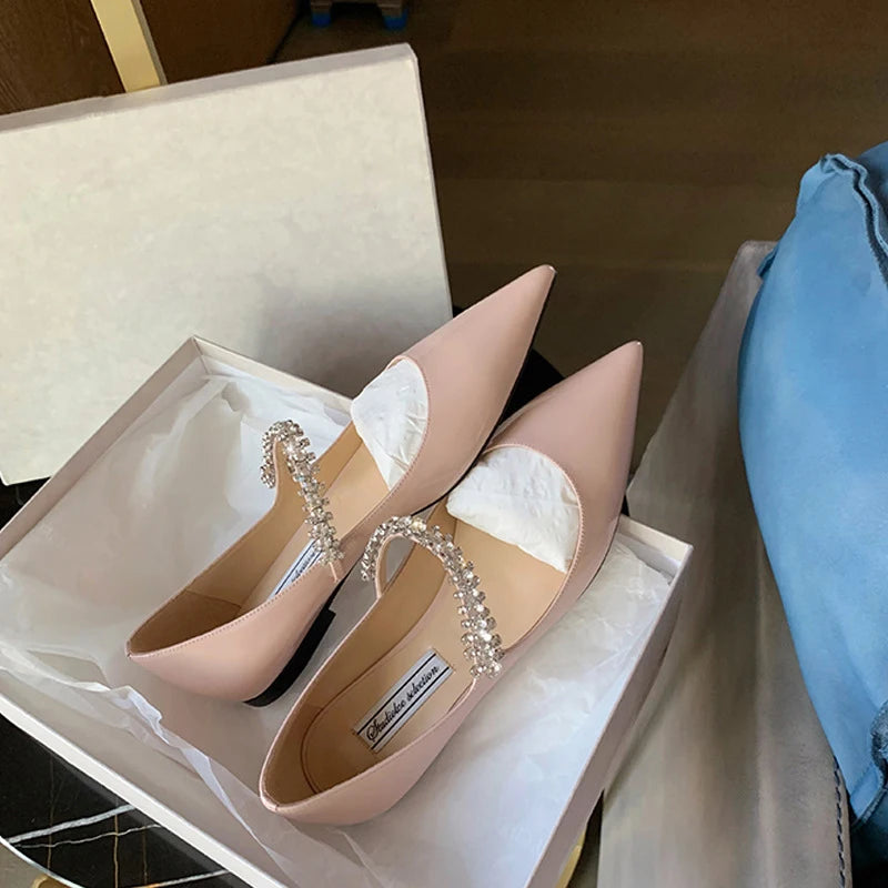 Women’s Pink Flat Shoes – Summer New Korean Fashion Pointed Toe Rhinestone Slip-On Ballerina Flats, Soft Sole