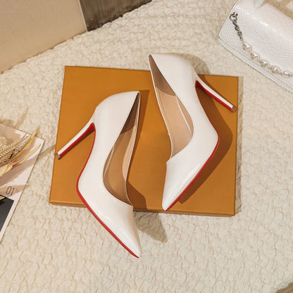 2025 Trendy Red Bottom Sexy High Heels for Women – Pointed Toe Stiletto in Nude Patent Leather – High-Quality Elegant Stilettos