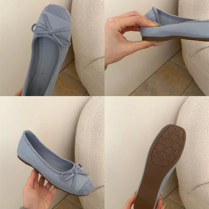French Bow Womens Low-Cut Ballet Flats – Soft Sole Spring/Autumn Pink Shoes, Affordable Quality Single Shoes for Elegant Style