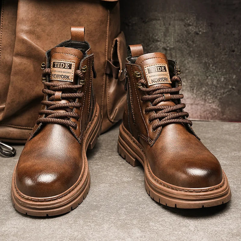 2025 Myway Men’s Leather Boots Waterproof Casual Martin Boots British Style High Top Leather Boots Cargo Shoes