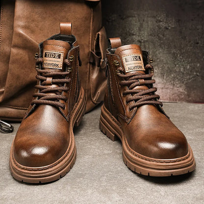 2025 Myway Men’s Leather Boots Waterproof Casual Martin Boots British Style High Top Leather Boots Cargo Shoes