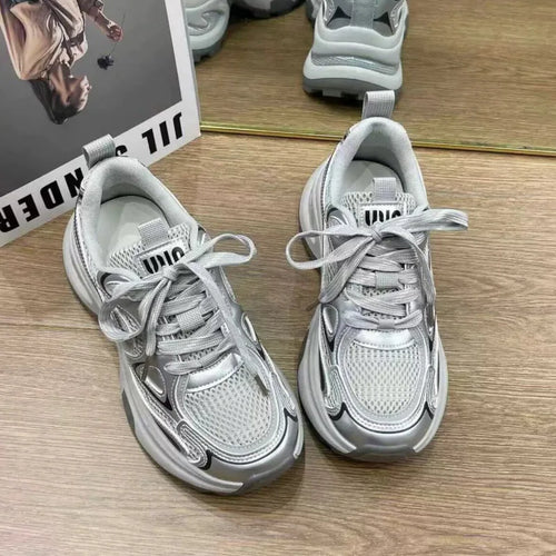 2025 New Spring Autumn Women’s Clunky Sneakers Thick Sole Silver Breathable Mesh Lightweight Casual Versatile Sports Shoes