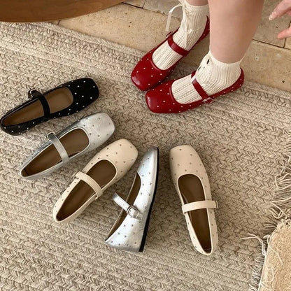 Retro Stardust Studded Ballerina Flats for Women – Spring Autumn One-Strap Mary Jane Shoes – High Quality Affordable
