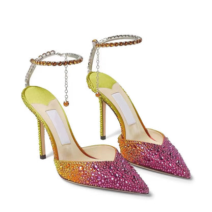 2025 New Arrival Women’s Gradient Pink  High Heels  Strappy Crystal Sandals with Stiletto Heels,Summer Fashion Footwear