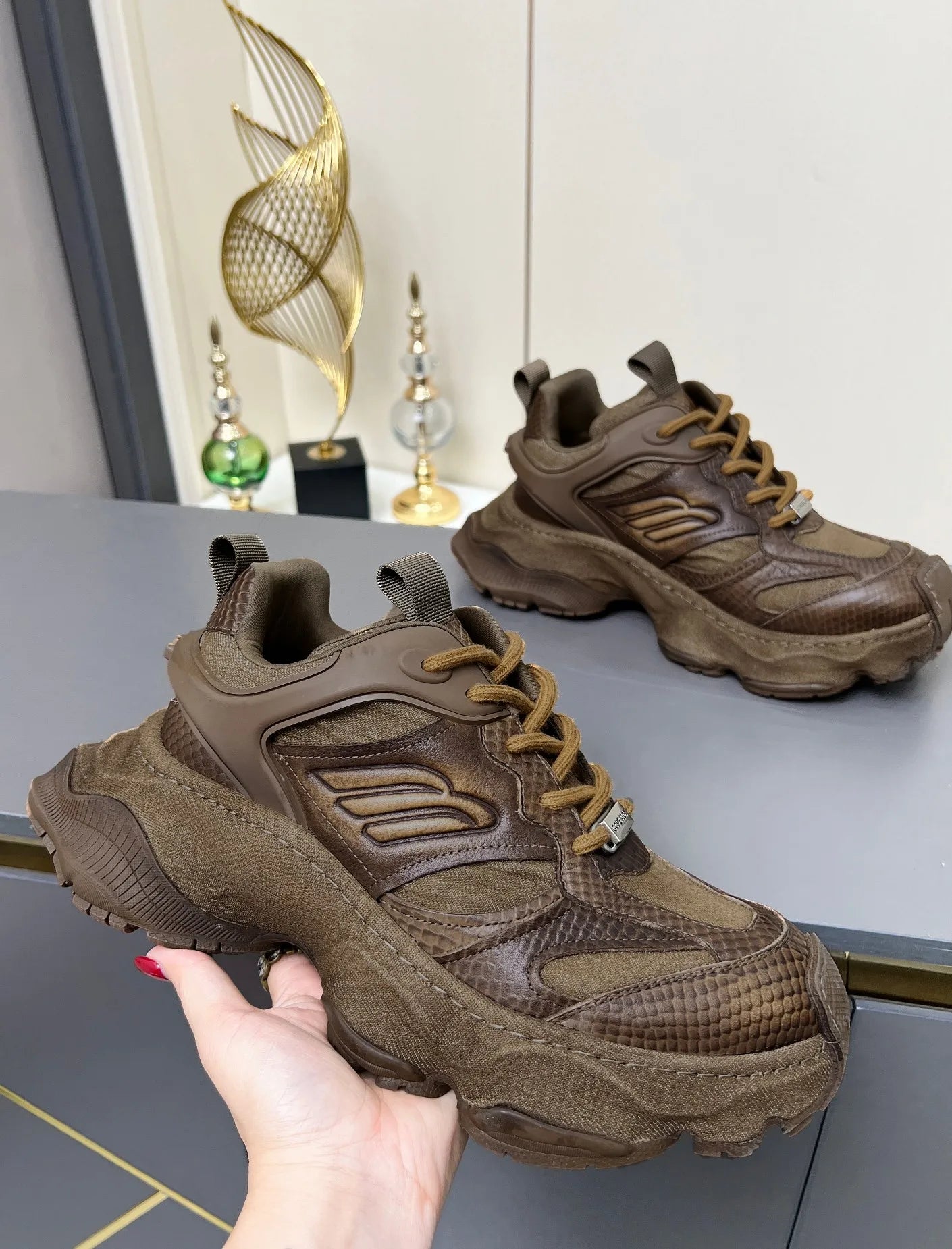 Baliciag Retro Street Snake Print Mesh Men’s Shoes Height Increasing Thick Sole Lace-Up Running Fashionable Sports Casual All