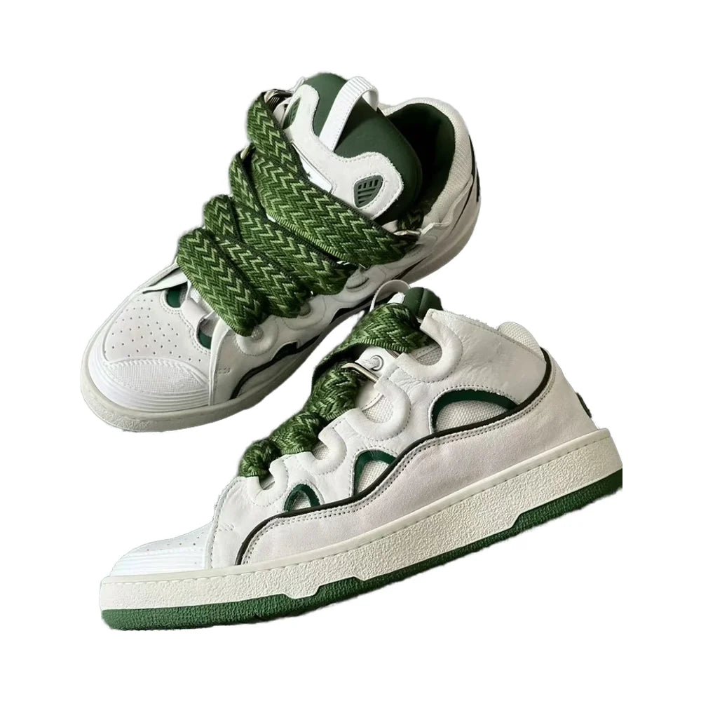 Genuine Leather Unisex Retro Trendy Brand Sneakers Thick Bottom Lace-Up Dad Shoes with Cowhide Mesh Lining Wholesale