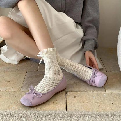 French Bow Womens Low-Cut Ballet Flats – Soft Sole Spring/Autumn Pink Shoes, Affordable Quality Single Shoes for Elegant Style