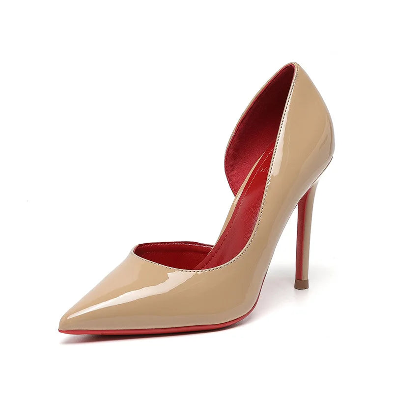2025 New Women’s Nude Poly Urethane High Heel Shoes  Sexy Cutout Pointed Toe Stiletto Heels with Red Sole, High Quality