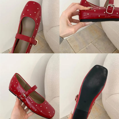 Retro Stardust Studded Ballerina Flats for Women – Spring Autumn One-Strap Mary Jane Shoes – High Quality Affordable