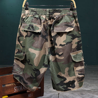🔥 50% OFF NOW!⚡ Men's Studded Camo Cargo Shorts – Distressed, Multi-Pocket & Elastic Waist – Rugged Streetwear Cargo Shorts 🛹